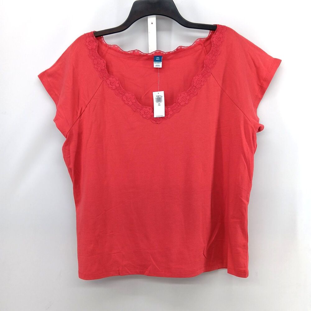 Old Navy Shirt Women Size XXL Tall Red Lace V Neck Cap Sleeve Lightweight NWT